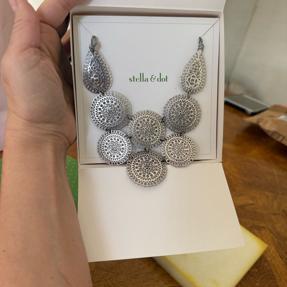 Stella & Dot, Medina Bib Necklace, Intricate Silver Necklace, Retired